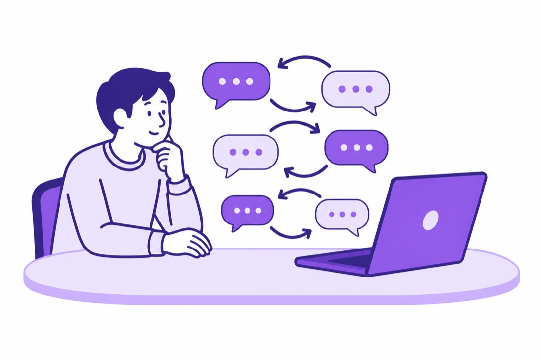 1人がチャットと何往復も指示をやり取りしているイラスト