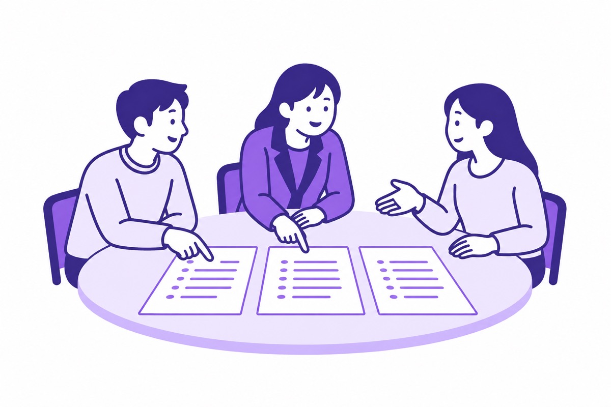 3枚の手順書をチームで共有しているイラスト