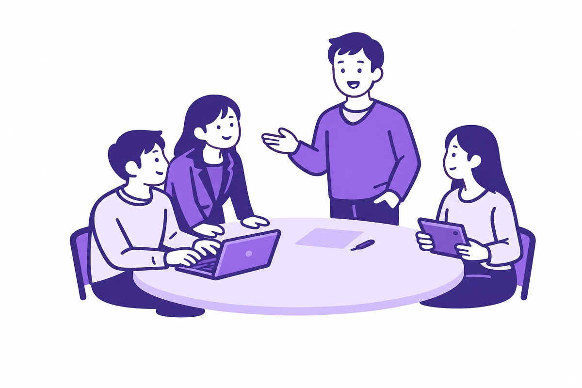 同じチームの4人が研修を受けるイラスト