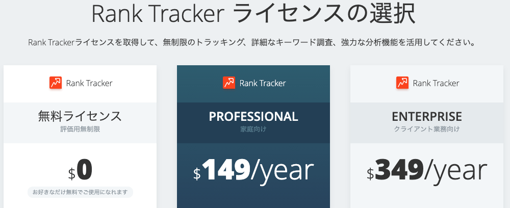 検索順位チェックツール「RankTracker」の料金表