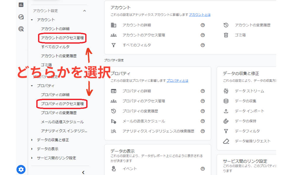 アカウントのアクセス管理またはプロパティのアクセス管理を選択