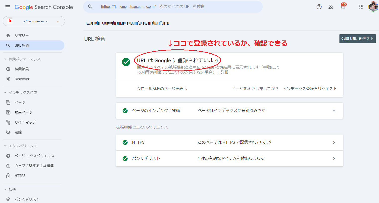 URL検査の結果画面