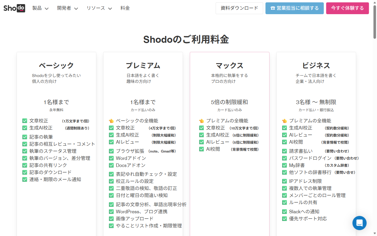 Shodoの料金・機能ページ